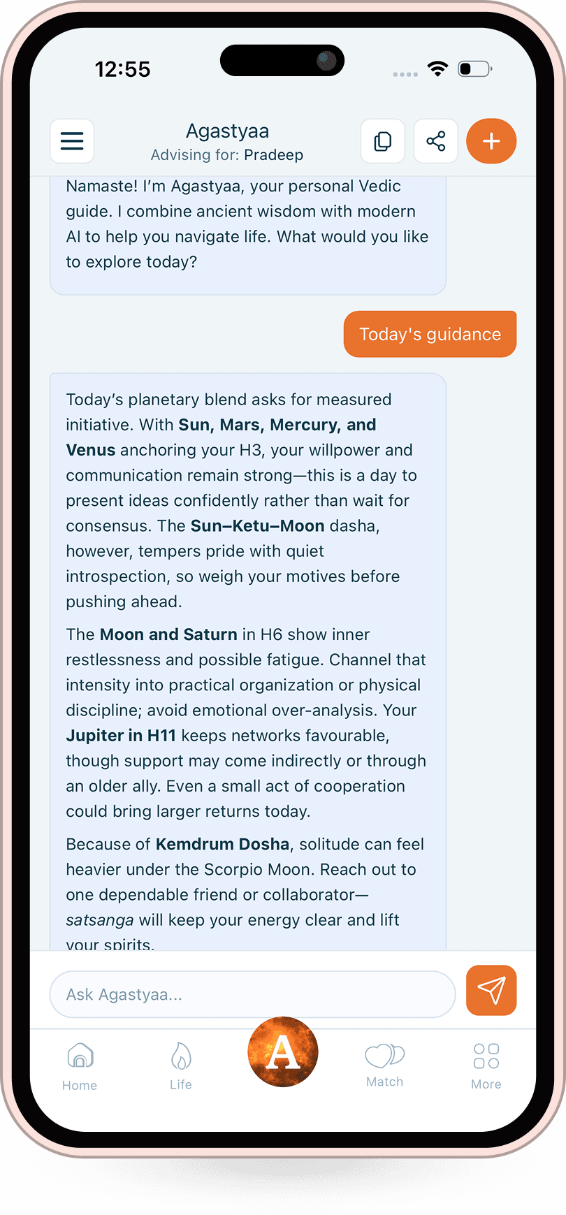 Agastyaa AI chat — personalised Vedic guidance grounded in your birth chart