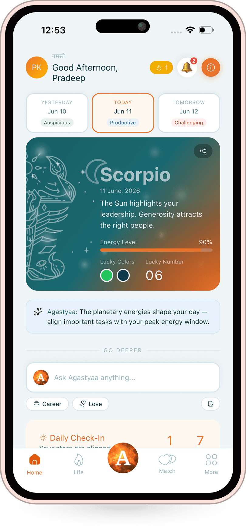 AstroSure app — personalised daily horoscope and Agastyaa AI chat